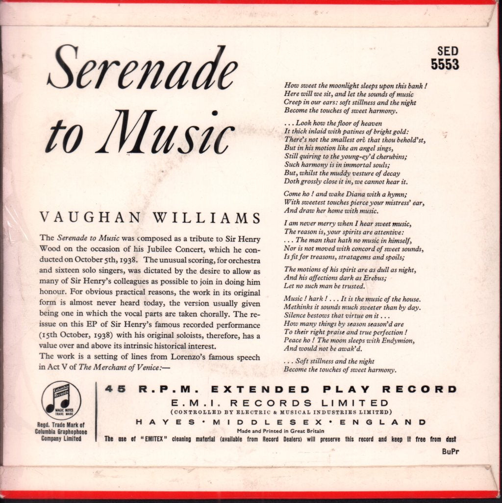 B.B.C. Symphony Orchestra / Sir Henry Wood - Serenade To Music - 7 Inch