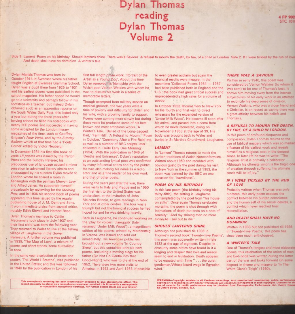 Dylan Thomas - Reading Dylan Thomas Volume Two - Lp