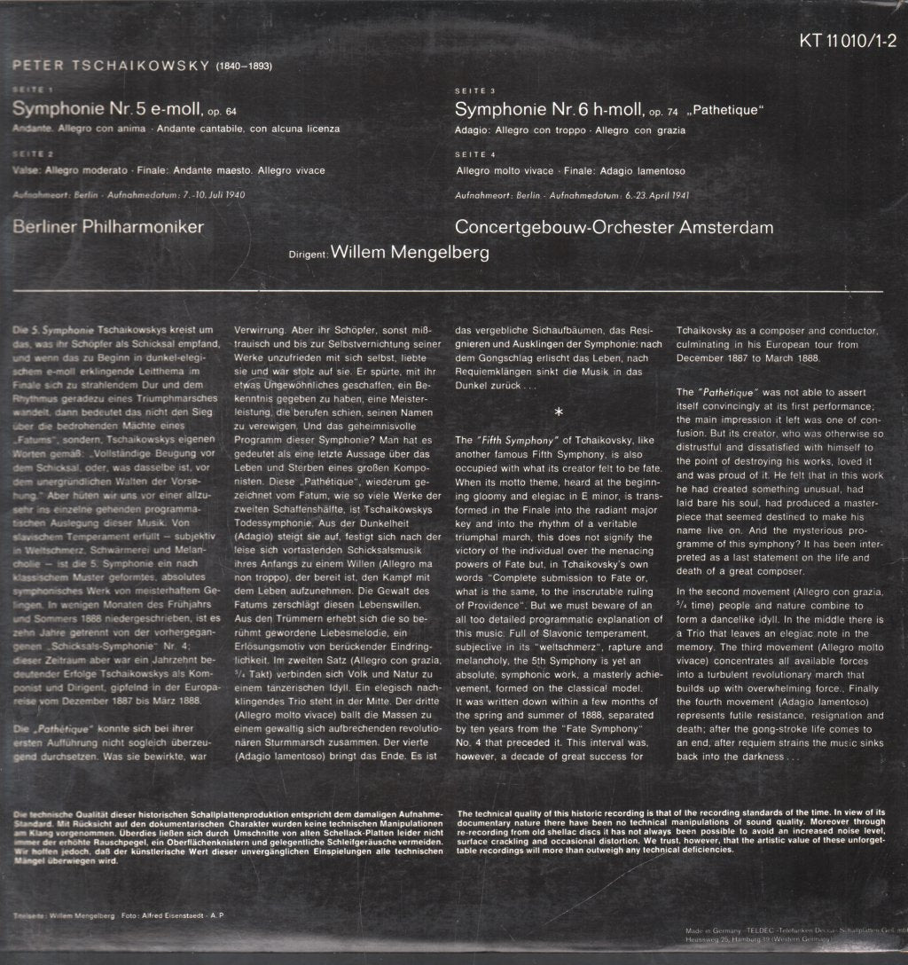 Willem Mengelberg / Berliner Philharmoniker / Concertgebouw Orchester Amsterdam - Tschaikovsky - Symphonie Nr. 6, "Pathetique" / Symphonie Nr. 5 - Double Lp