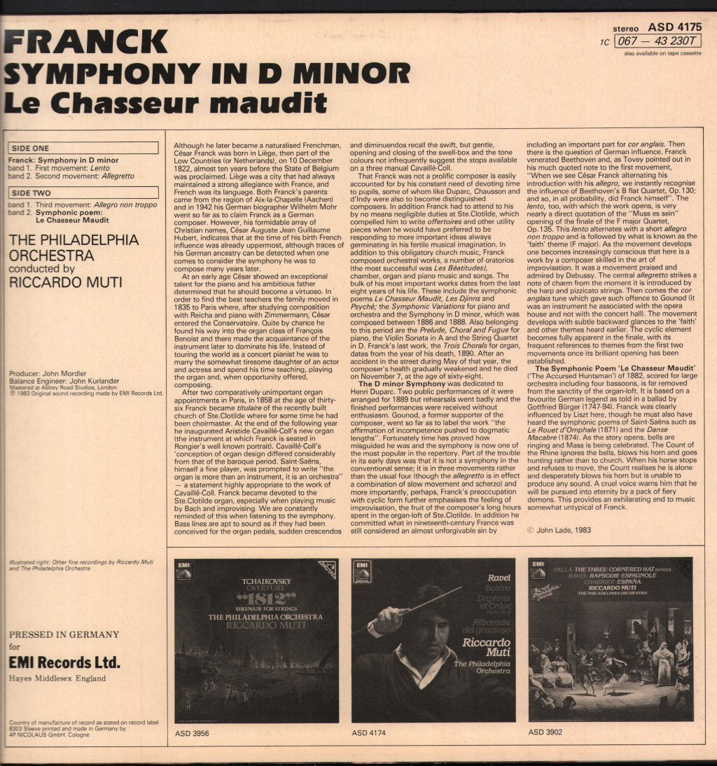 Riccardo Muti / Philadelphia Orchestra - Franck - Symphony In D Minor / Le Chasseur Maudit - Lp
