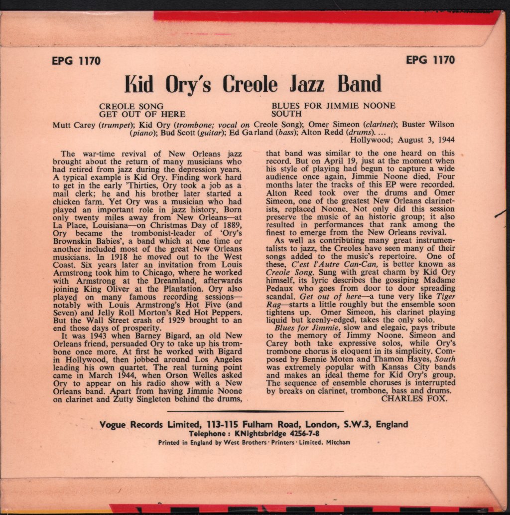 Kid Ory And His Creole Jazz Band - Kid Ory's Creole Jazz Band 1944 - 45 Vol. 1 - 7 Inch