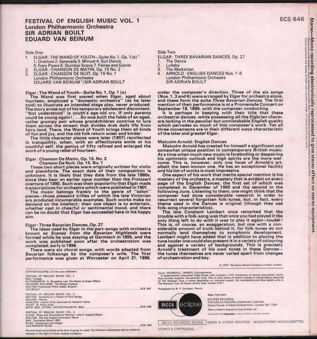 Sir Adrian Boult / Eduard van Beinum / London Philharmonic Orchestra - Festival Of English Music Vol 1 - Lp