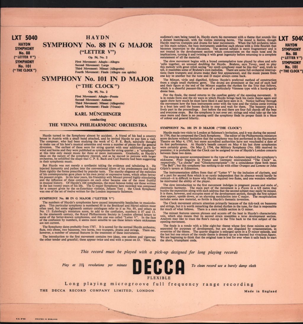 Karl Munchinger / Vienna Philharmonic Orchestra - Haydn - Symphony N°88 / Symphony N°101 - Lp