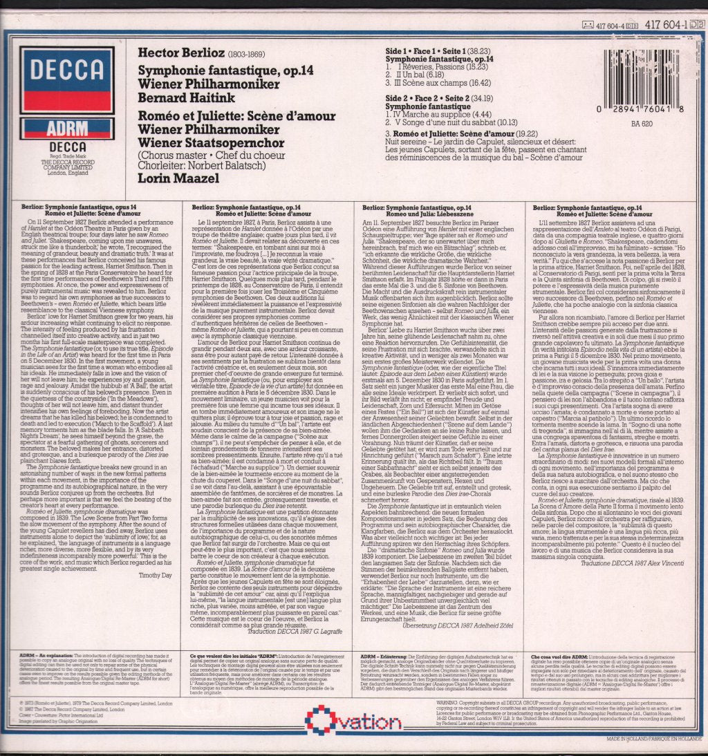 Wiener Philharmoniker / Bernard Haitink / Lorin Maazel - Berlioz - Symphonie Fantastique / Roméo Et Juliette - Lp