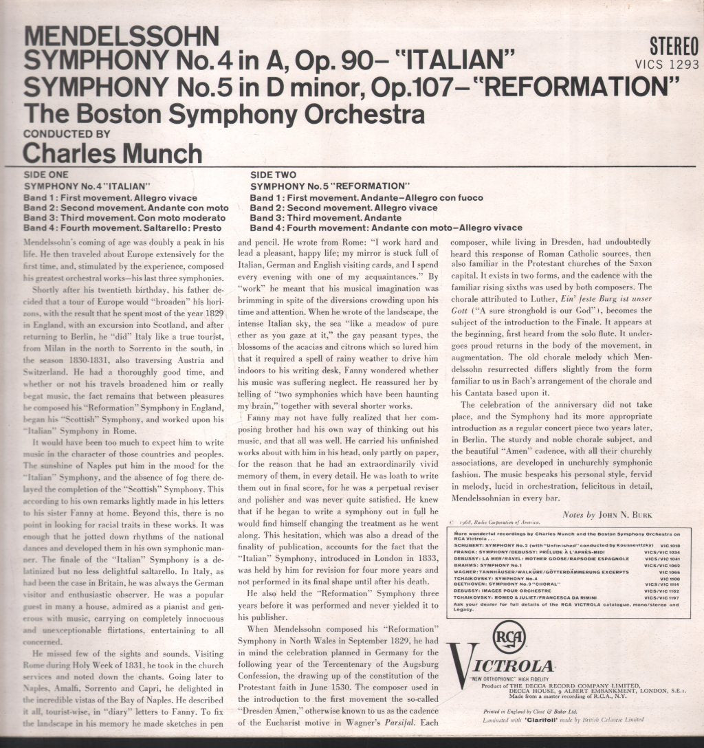 Charles Munch / Boston Symphony Orchestra - Mendelssohn - Symphony No. 4 In A 'Italian' / Symphony No. 5 In D Minor 'Reformation' - Lp