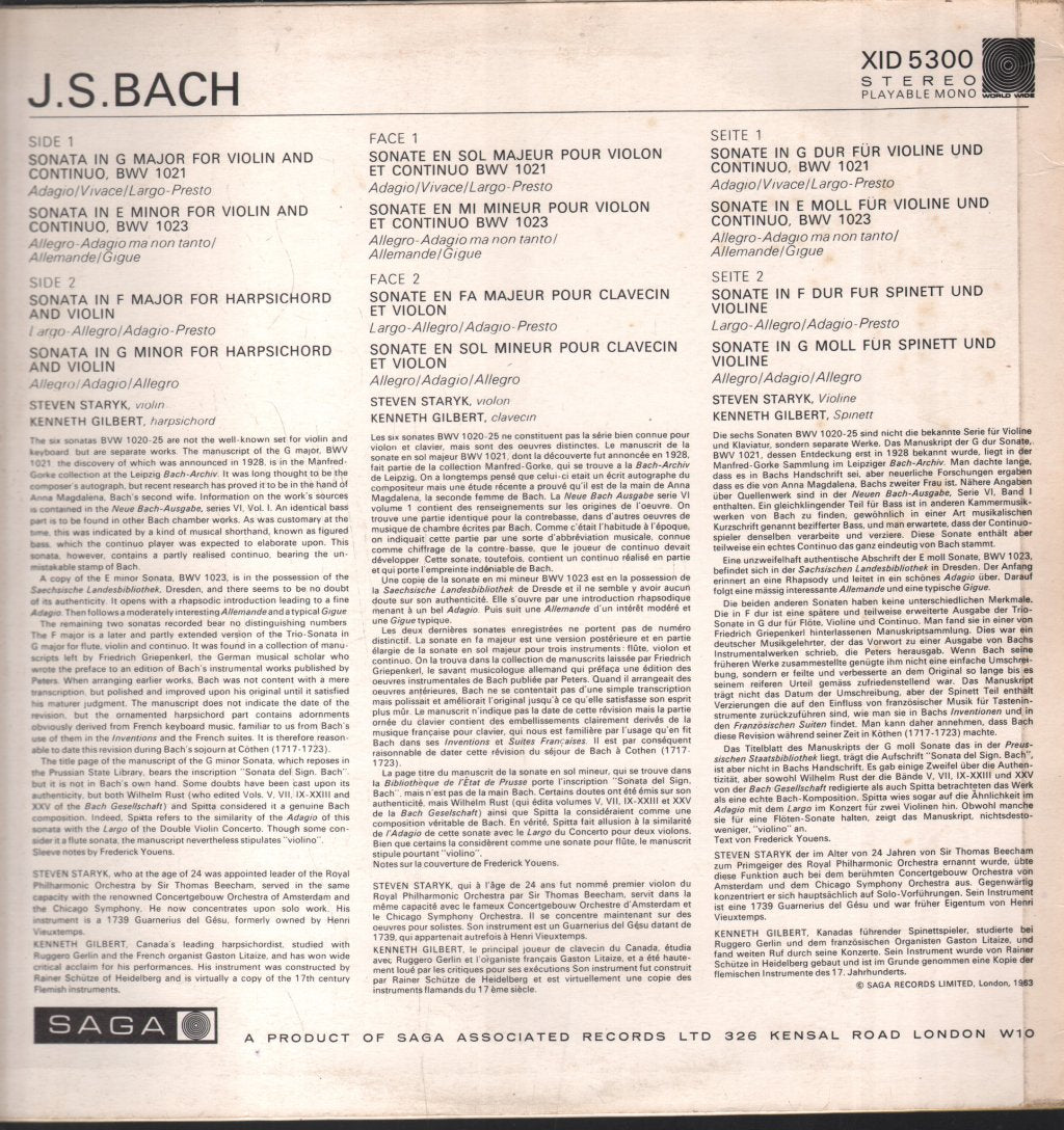 Steven Staryk / Kenneth Gilbert - Bach - Violin Sonatas - Lp