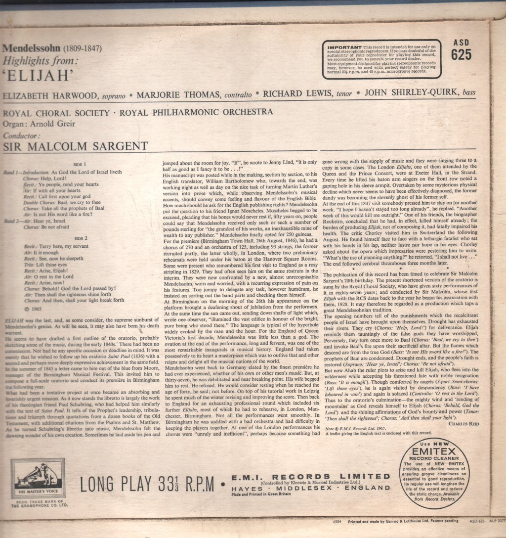 Sir Malcolm Sargent / Royal Philharmonic Orchestra / Elizabeth Harwood / Marjorie Thomas - Mendelssohn - Elijah Highlights - Lp