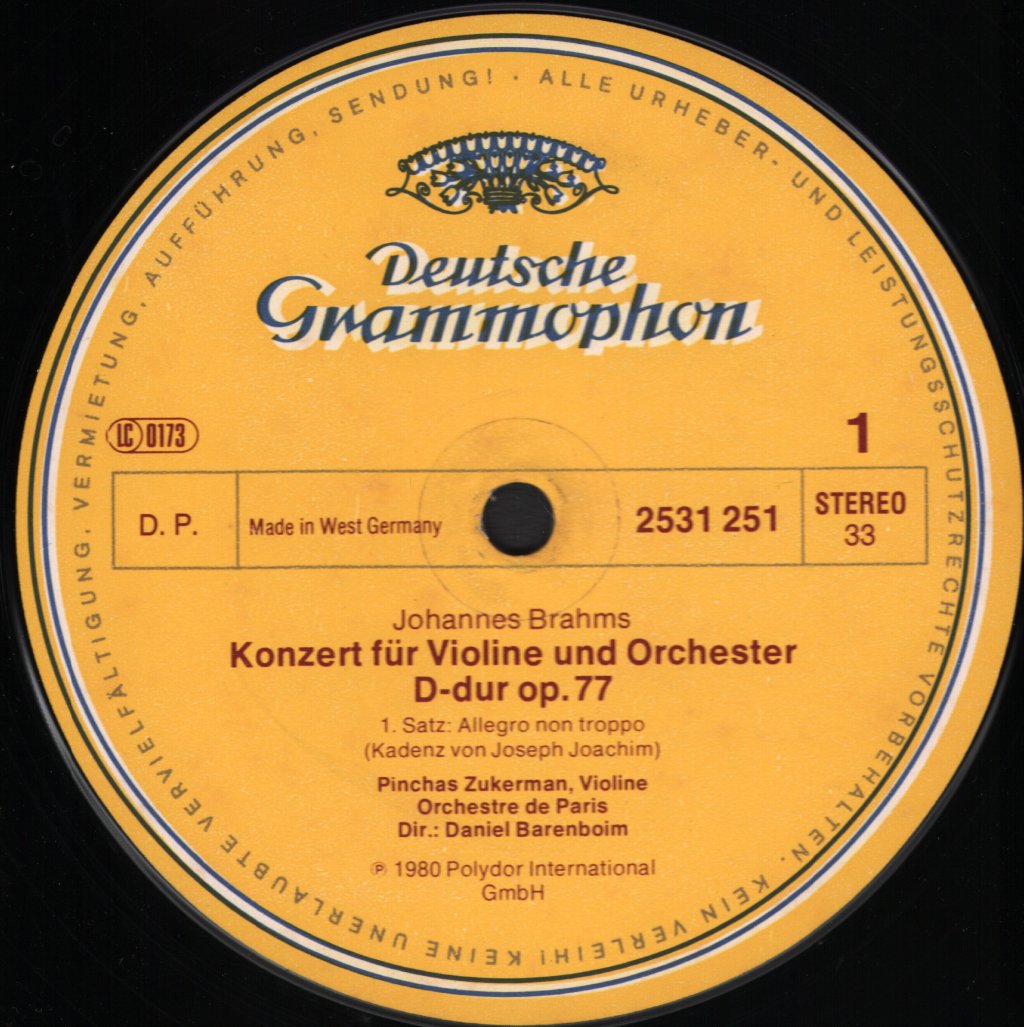 Pinchas Zukerman / Daniel Barenboim / Orchestre De Paris - Johannes Brahms - Violinkonzert - Violin Concerto - Lp