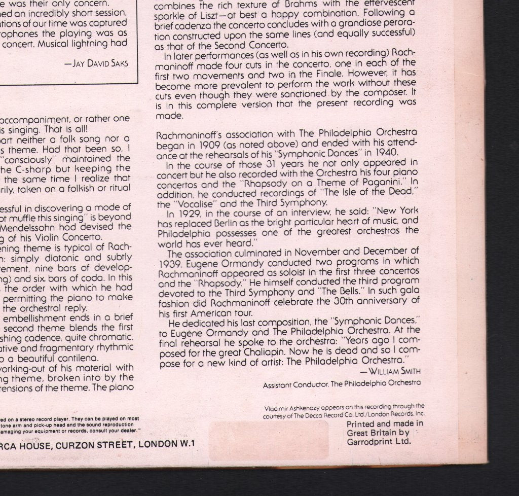 Vladimir Ashkenazy / Eugene Ormandy / Philadelphia Orchestra - Rachmaninoff Concerto No.3 - Lp