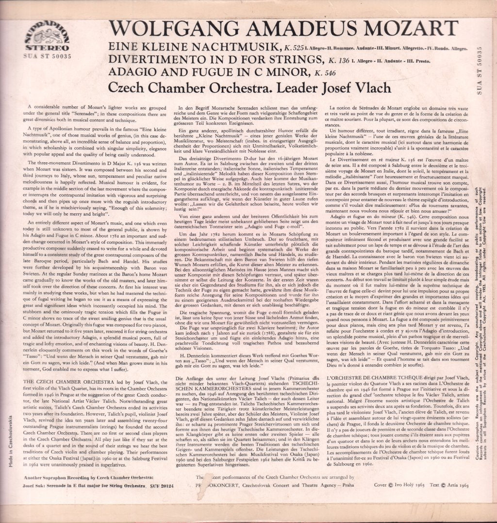 Czech Chamber Orchestra - Mozart Eine Kleine Nahctmusik / Divertimento In D agio and fugue - Lp