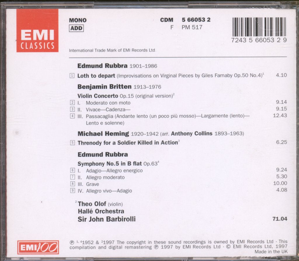 Hallé Orchestra, Sir John Barbirolli - Britten and Rubbra - Cd