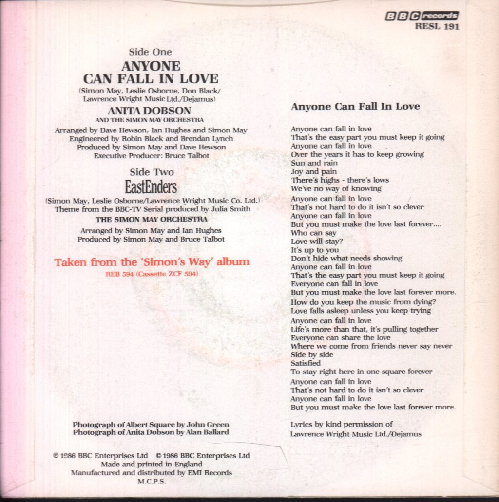 Anita Dobson - Anyone Can Fall In Love - 7 Inch