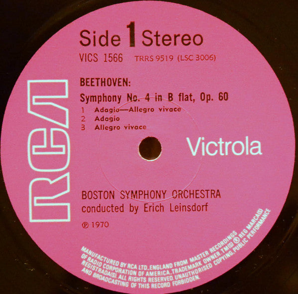 Erich Leinsdorf / Boston Symphony Orchestra - Beethoven - Symphony No. 4 In B Flat Op. 60 / Leonore Overture No. 2 Op. 72 - Lp