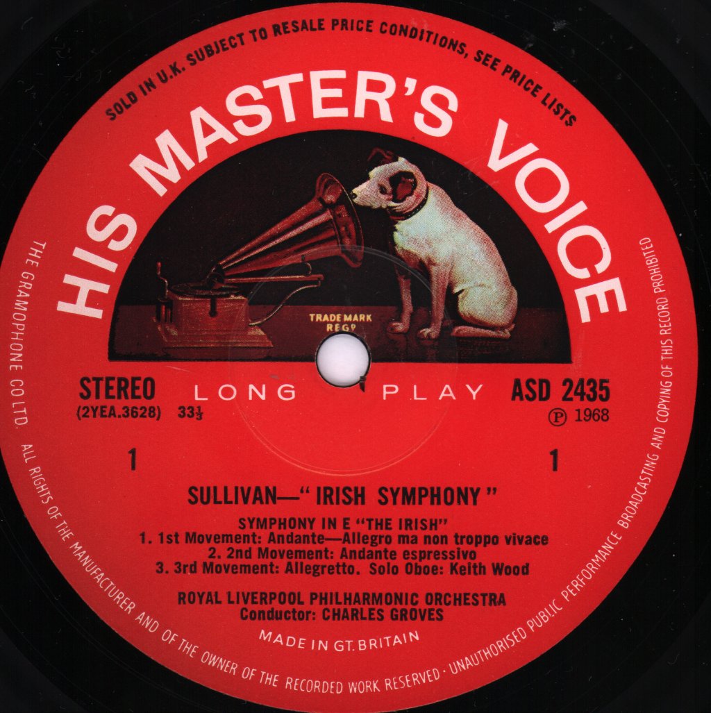 Charles Groves / Royal Liverpool Philharmonic Orchestra - Sullivan - Irish Symphony / Overture Di Ballo - Lp