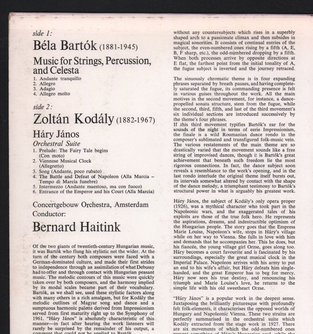Bernard Haitink / Concertgebouw Orchestra, Amsterdam - Bartok - Music For Strings, Percussion and Celesta / Kodaly - Hary Janos Suite - Lp