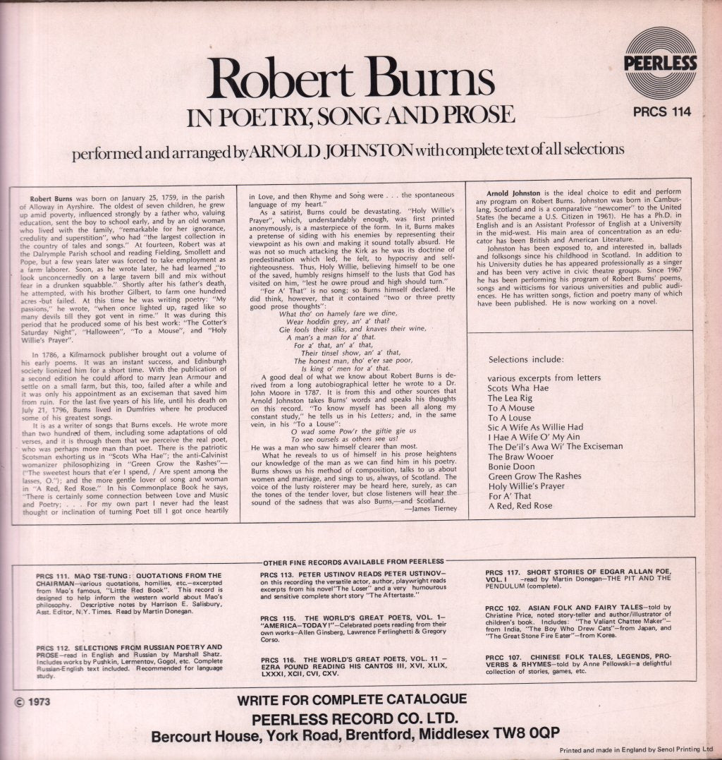 Arnold Johnston - Robert Burns In Poetry Song, And Prose - Lp