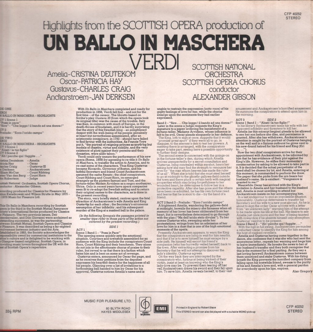 Alexander Gibson / Scottish National Orchestra / Scottish Opera Chorus - Verdi - Un Ballo In Maschera Highlights - Lp