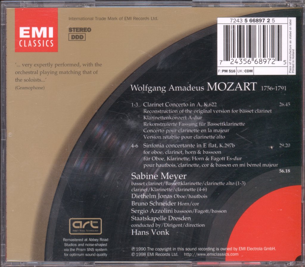 Sabine Meyer, Staatskapelle Dresden, Hans Vonk - Mozart - Clarinet Concerto - Cd