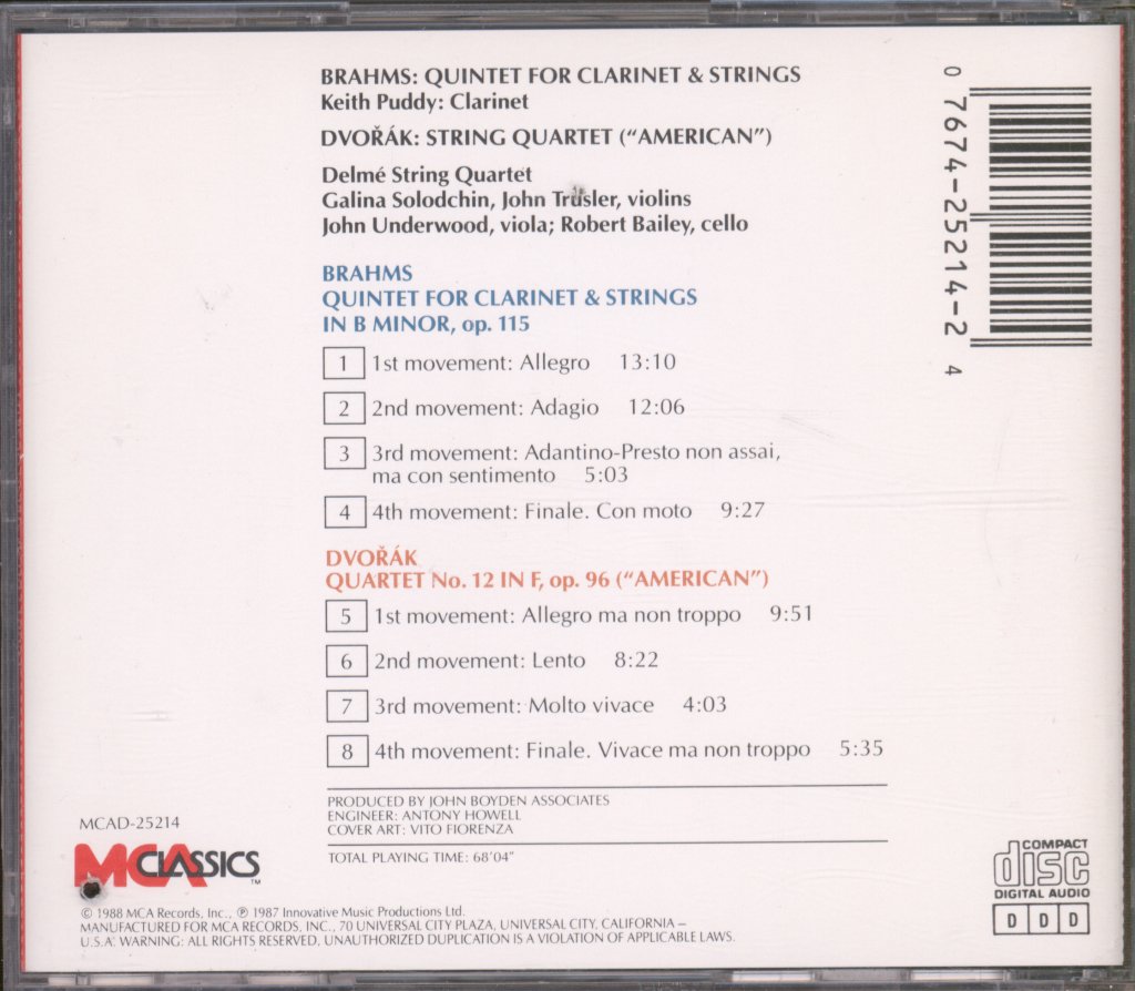 Keith Puddy, The Delmé String Quartet - Clarinet Quintet - Brahms / Dvorak - Clarinet Quintet / String Quartet No. 12 'American' - Cd