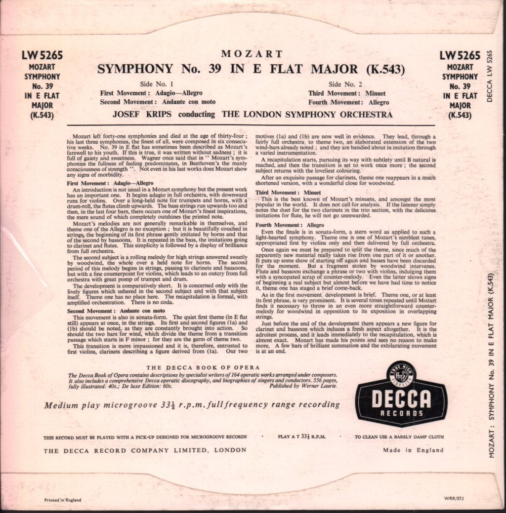 London Symphony Orchestra - mozart Symphony No. 39 In E Flat Major (K.543) - 10 Inch