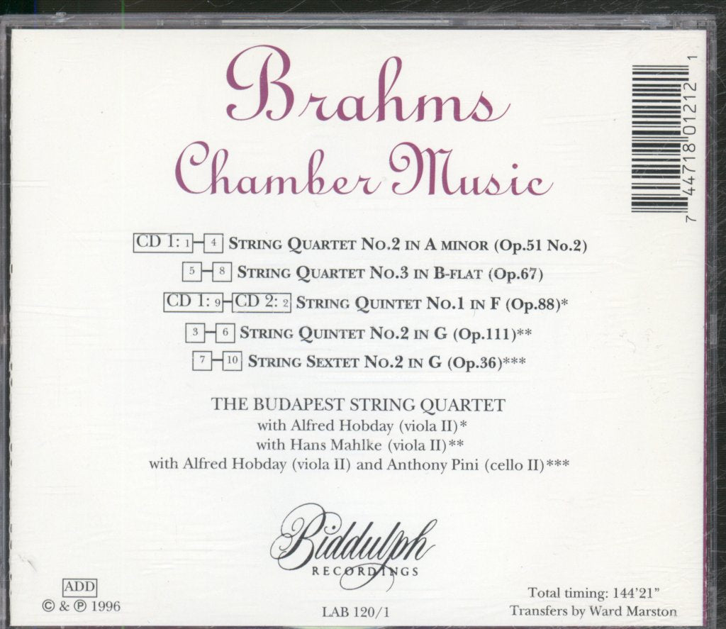 Budapest Quartet, Alfred Hobday, Anthony Pini - Brahms Chamber Music - Double Cd