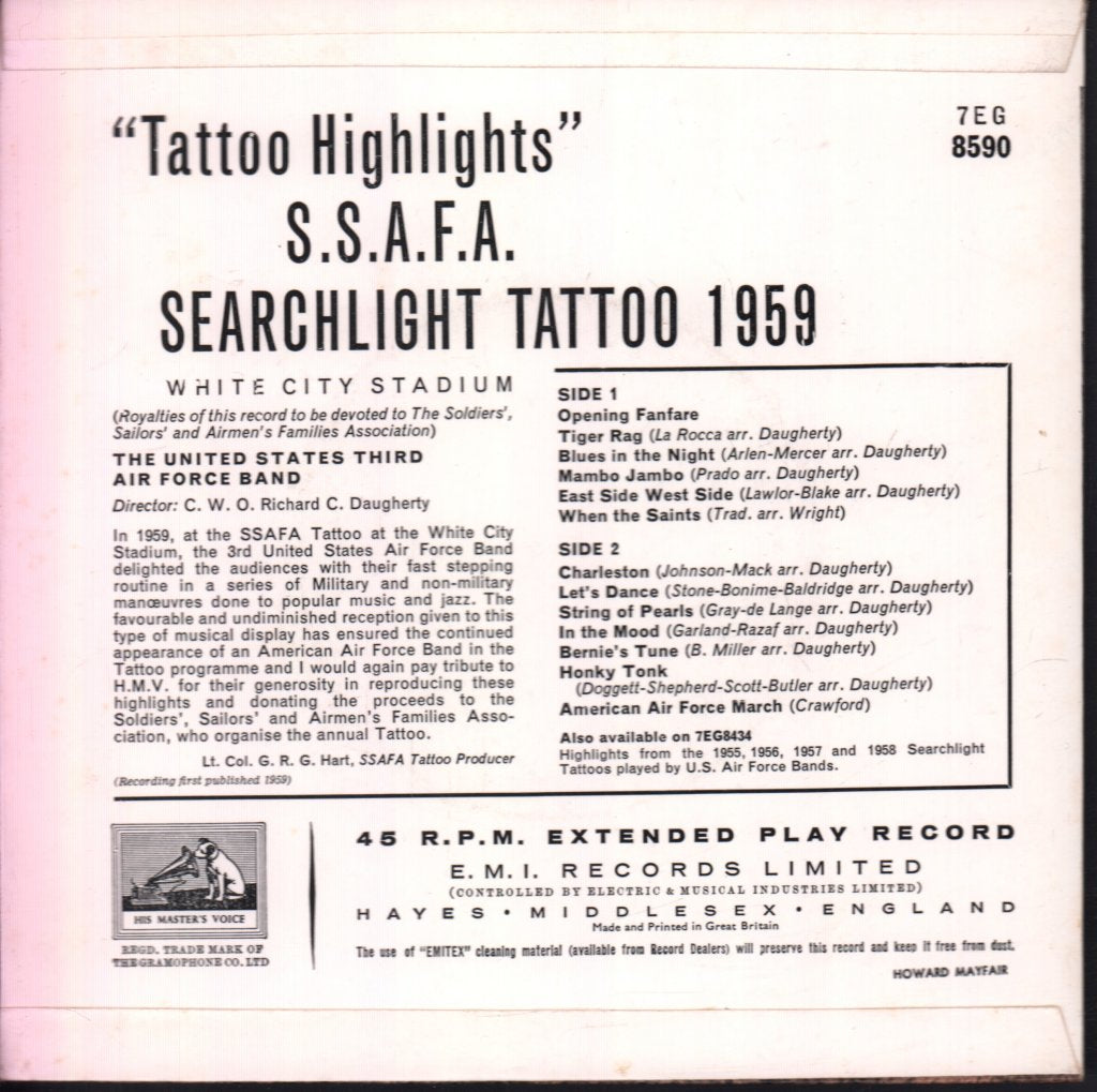 United States Third Air Force Band - Tattoo Highlights Searchlight Tattoo 1959 - 7 Inch