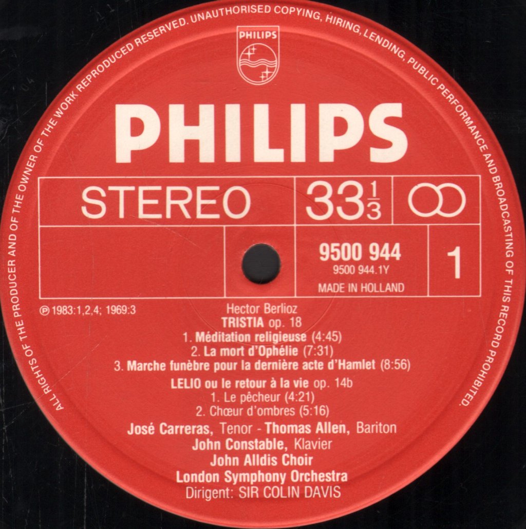 Jose Carreras / Thomas Allen / John Alldis Choir / Sir Colin Davis / London Symphony Orchestra - Berlioz - Lelio Op. 14B / Tristia Op. 18 - Lp