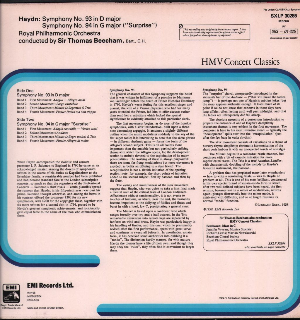 Sir Thomas Beecham / Royal Philharmonic Orchestra - Haydn - Symphonies No. 93 In D Major / No. 94 In G Major ("Surprise") - Lp