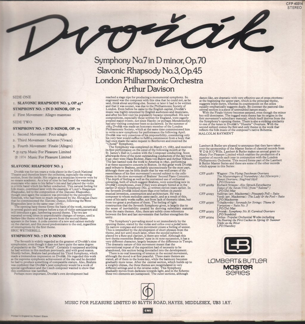 Arthur Davison / London Philharmonic Orchestra - Dvorak - Symphony No. 7 In D Minor - Lp