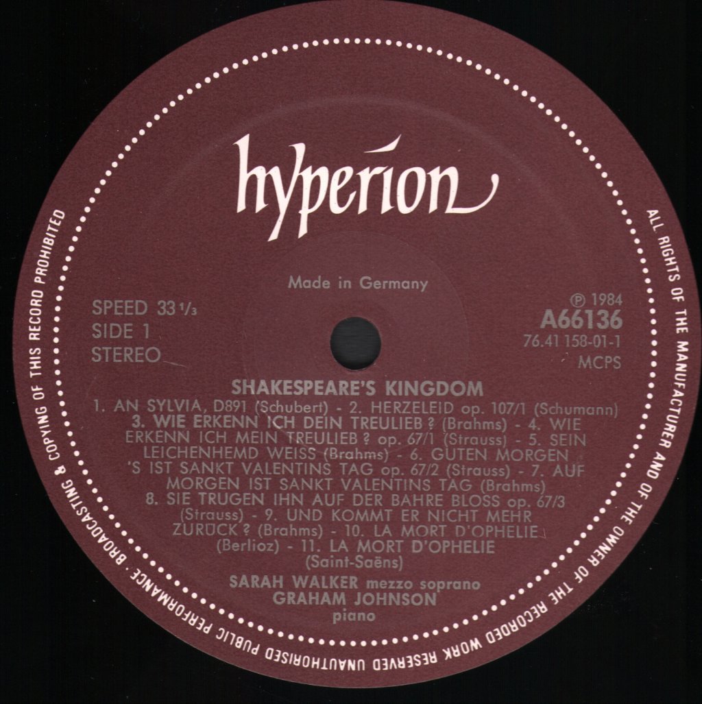 Sarah Walker / Graham Johnson - Shakespeare's Kingdom - Lp