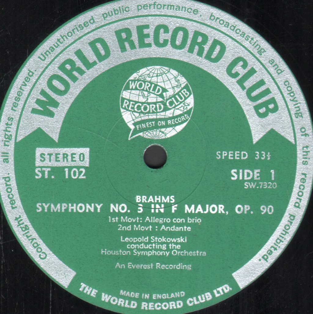 Leopold Stokowski / Houston Symphony Orchestra - Brahms - Symphony No. 3 In F Major, Opus 90 - Lp