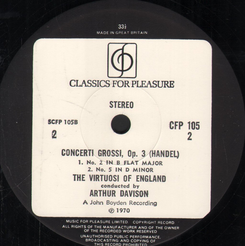Wind Virtuosi Of England / Virtuosi Of England / Arthur Davison - Handel - Music For The Royal Fireworks / Concerti Grossi Op. 3 Nos. 2 And 5 - Lp