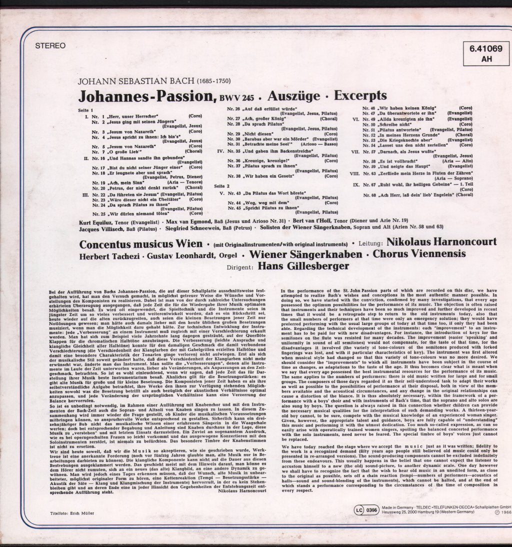 Kurt Equiluz / Max van Egmond / Concentus Musicus Wien / Nikolaus Harnoncourt / Hans Gillesberger - Johann Sebastian Bach - Johannes-Passion - Lp