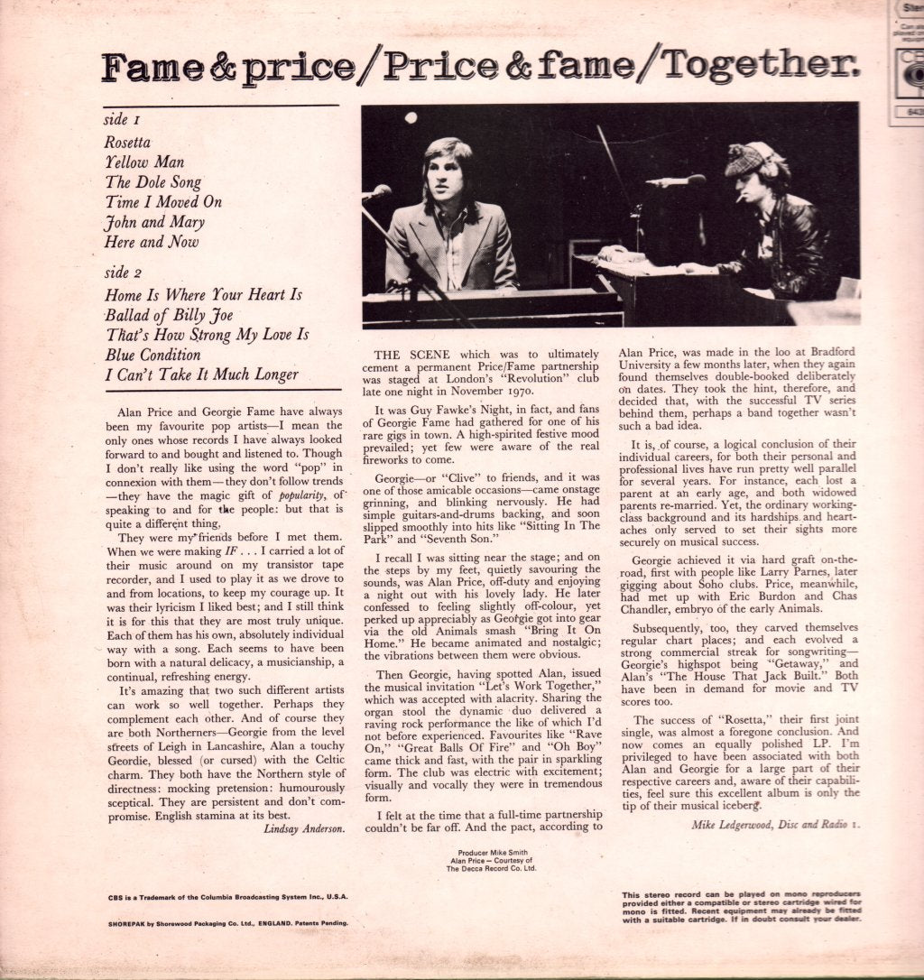 Georgie Fame And Alan Price - Fame and Price Together - Lp