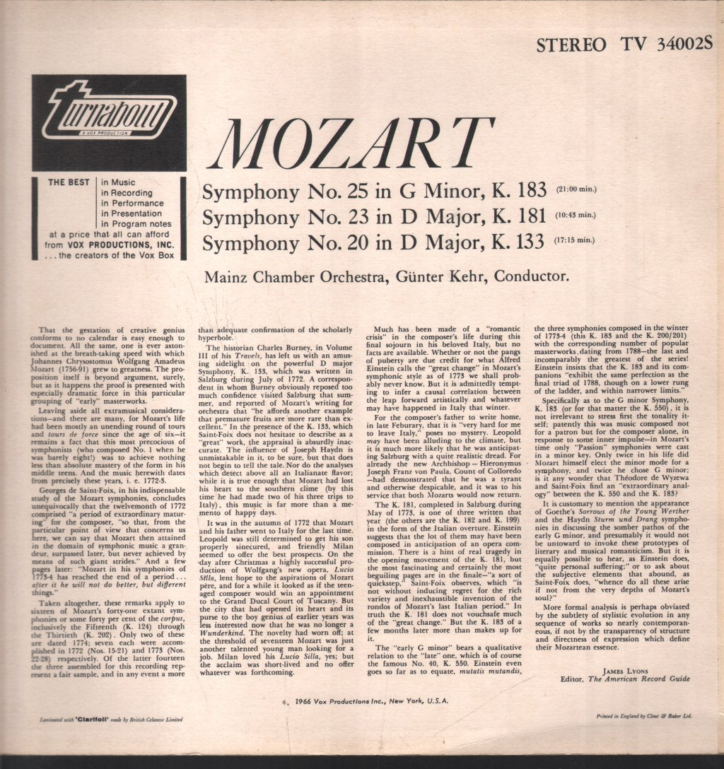 Mainz Chamber Orchestra / Gunter Kehr - Wolfgang Amadeus Mozart - Three Early Symphonies - Lp