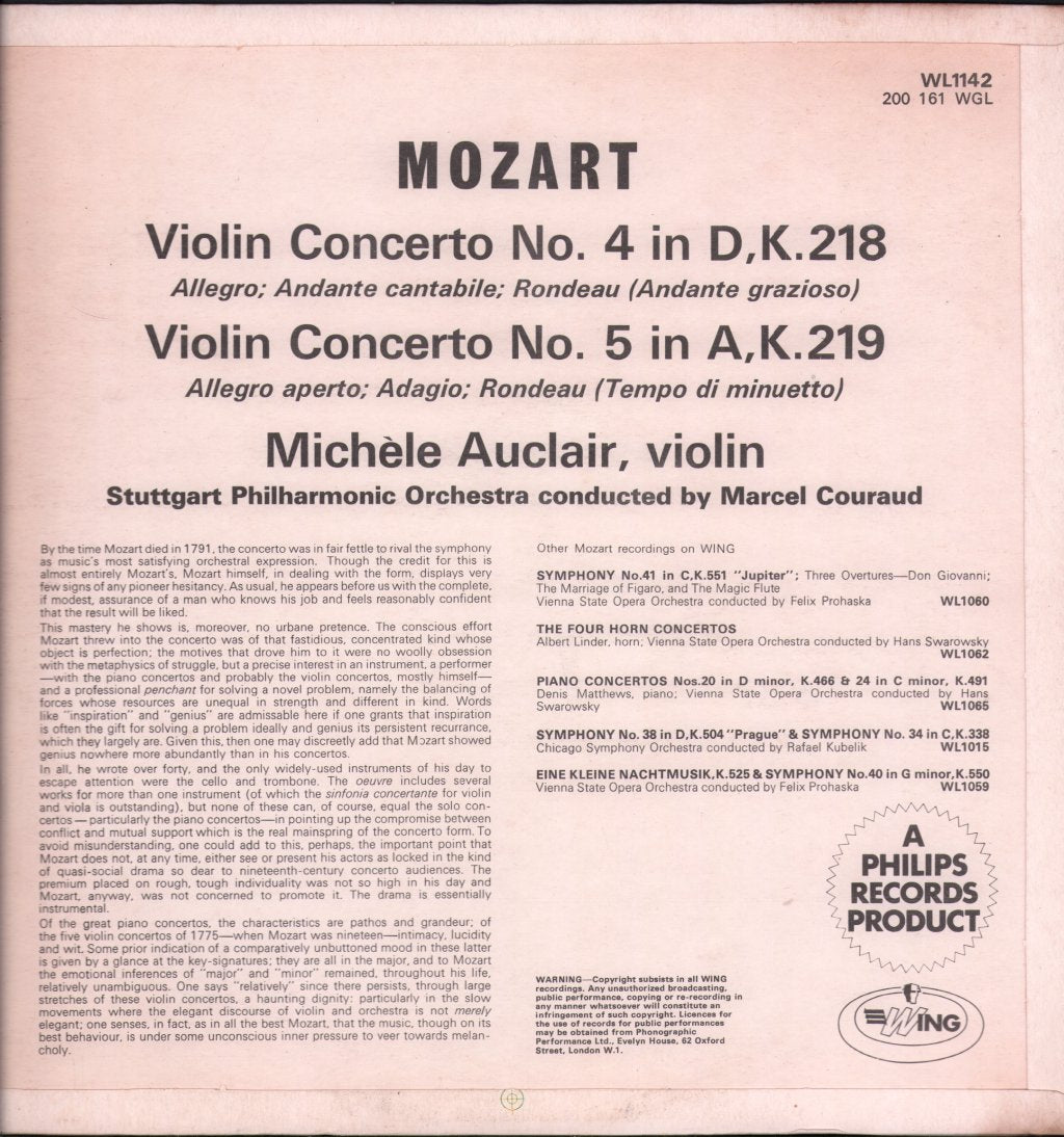 Michele Auclair / Stuttgart Philharmonic Orchestra - Mozart Violin Concertos No.4 / No.5 - Lp