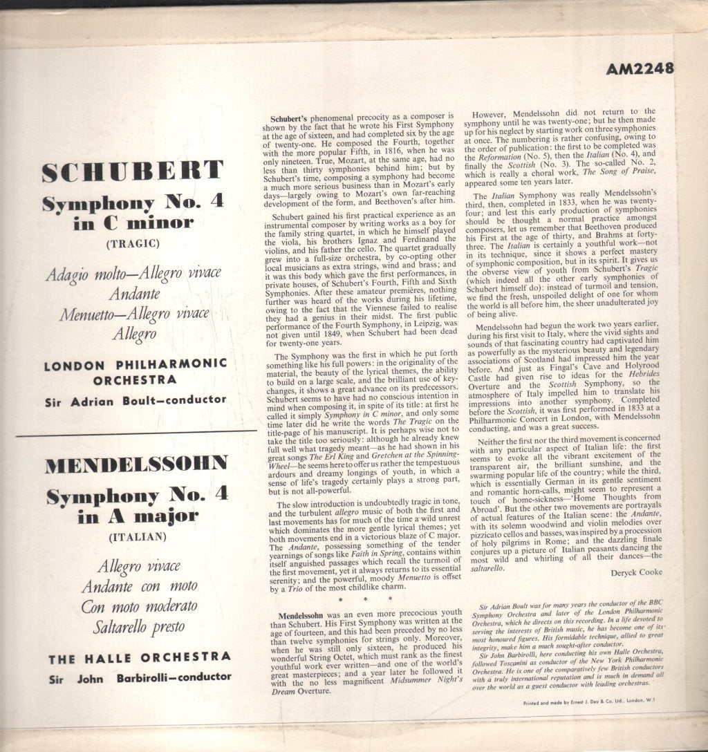 Sir Adrian Boult / London Philharmonic / Sir John Barbirolli - Mendelssohn - Symphony No 4 "Italian" / Schubert - Symphony No 4 "Tragic" - Lp