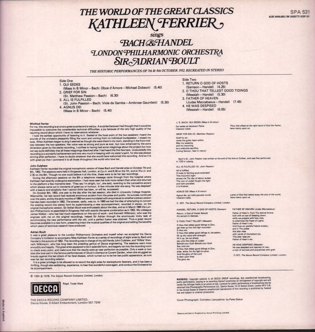 Kathleen Ferrier / Sir Adrian Boult / London Philharmonic Orchestra - Kathleen Ferrier Sings Bach And Handel - Lp