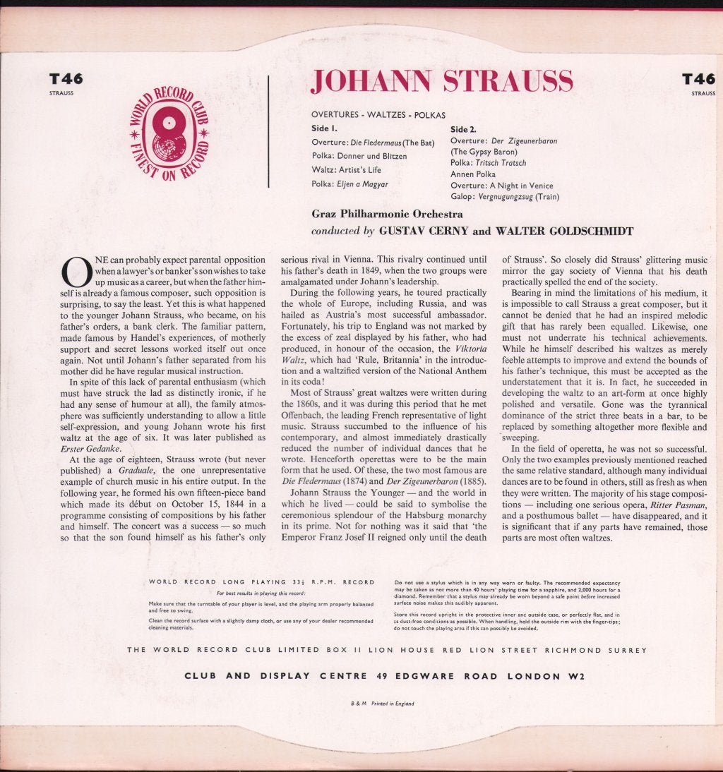 Graz Philharmonic Orchestra / Gustav Cerny - Johann Strauss - Overtures / Waltzes / Polkas - Lp