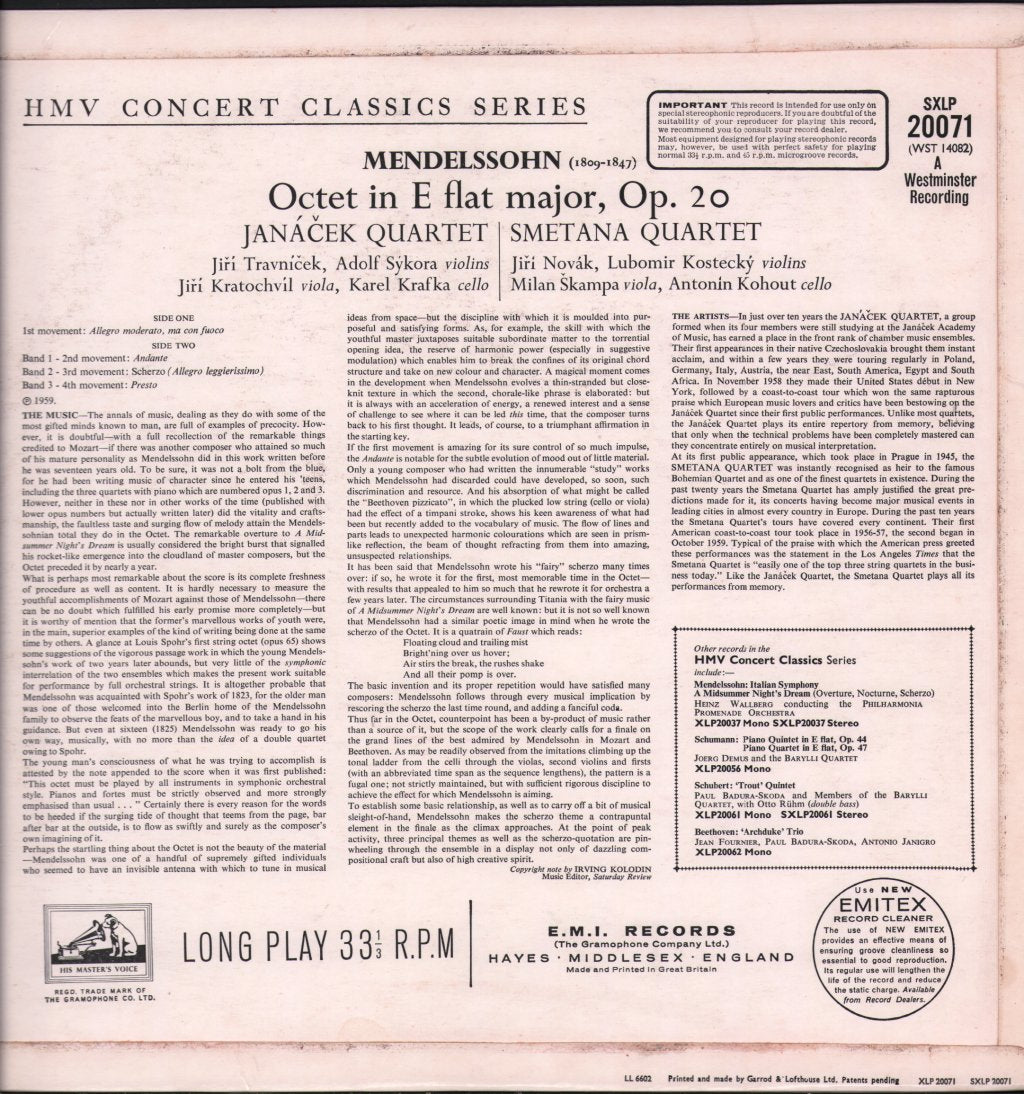 Janacek Quartet / Smetana Quartet - Mendelssohn - Octet In E Flat Major, Op. 20 - Lp