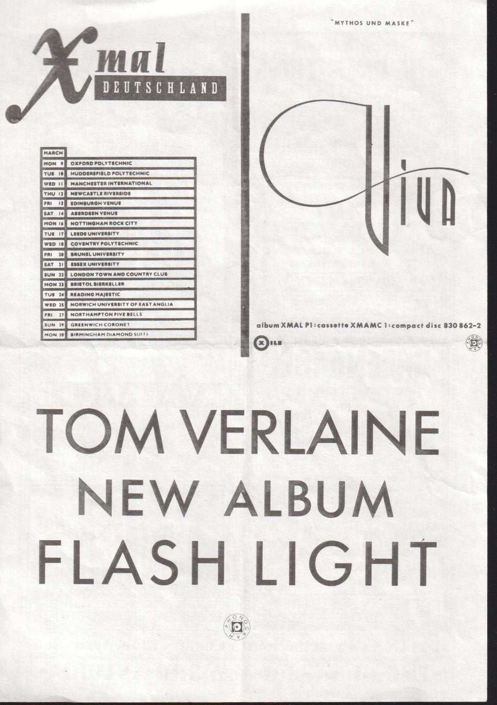 X Mal Deutschland/Tom Verlaine - Viva Tour/Flash Light - Flyer