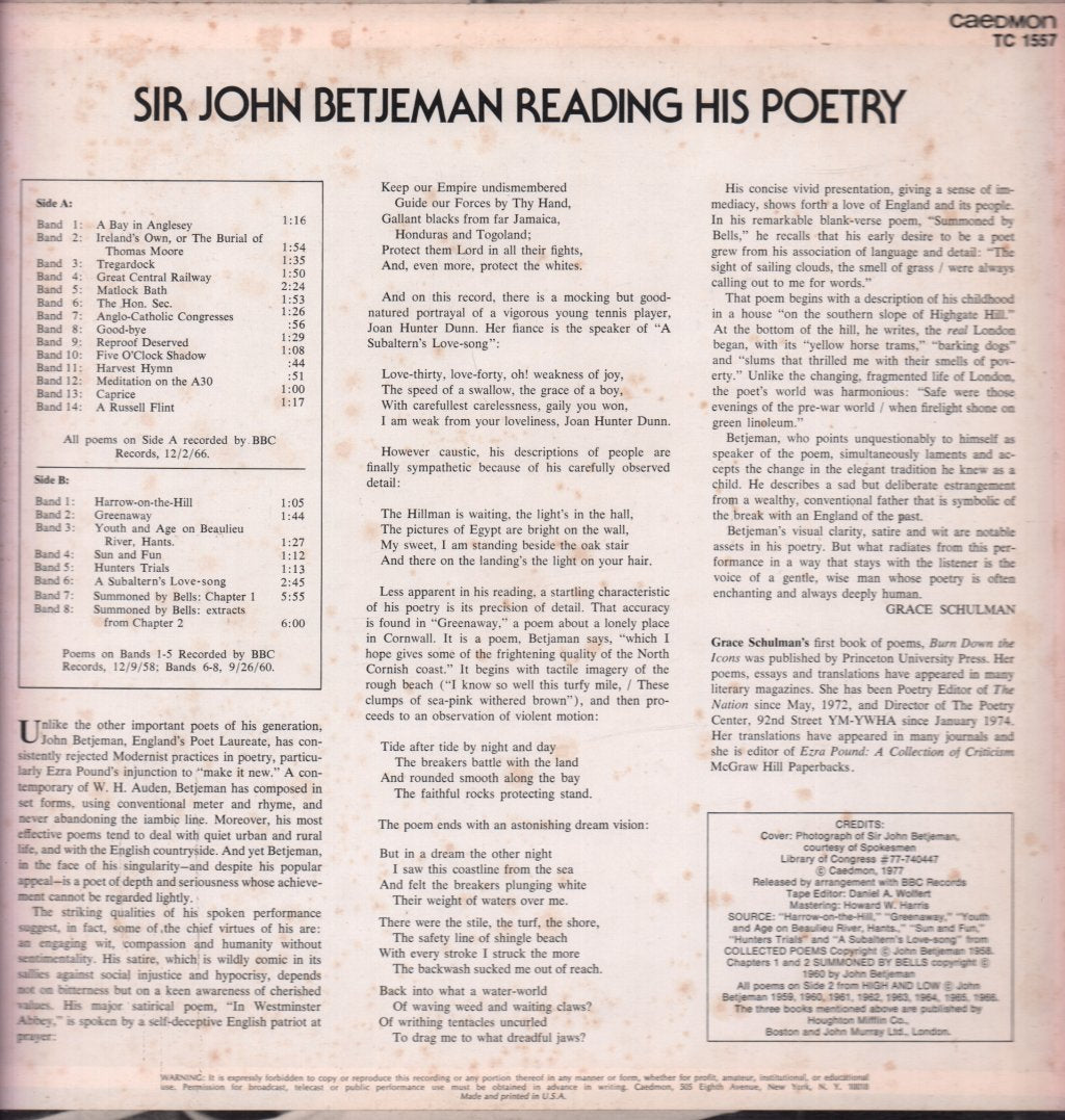 John Betjeman - Reading His Poetry - Lp