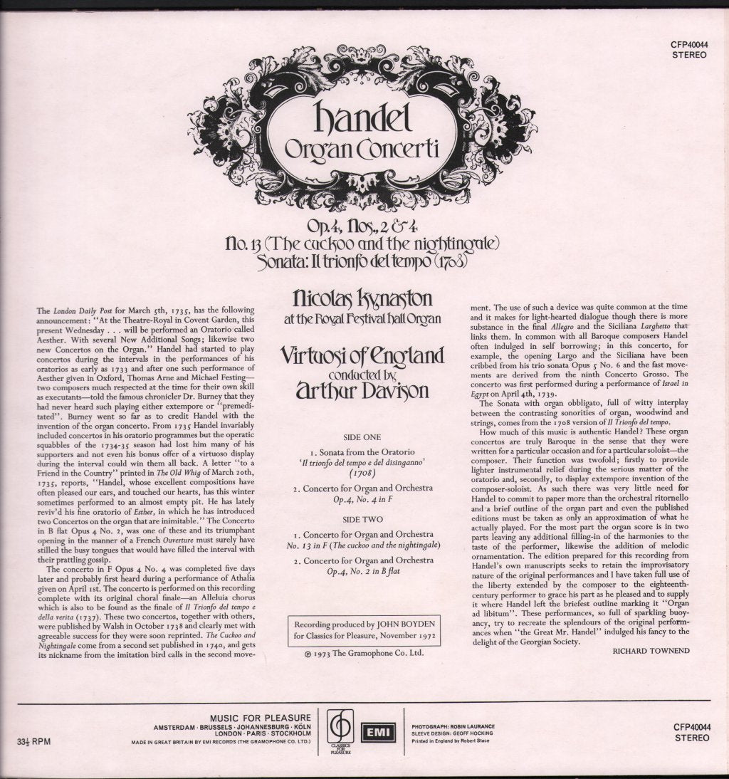 Nicolas Kynaston/ Arthur Davison / Virtuosi Of England - Handel - Organ Concerti - Lp