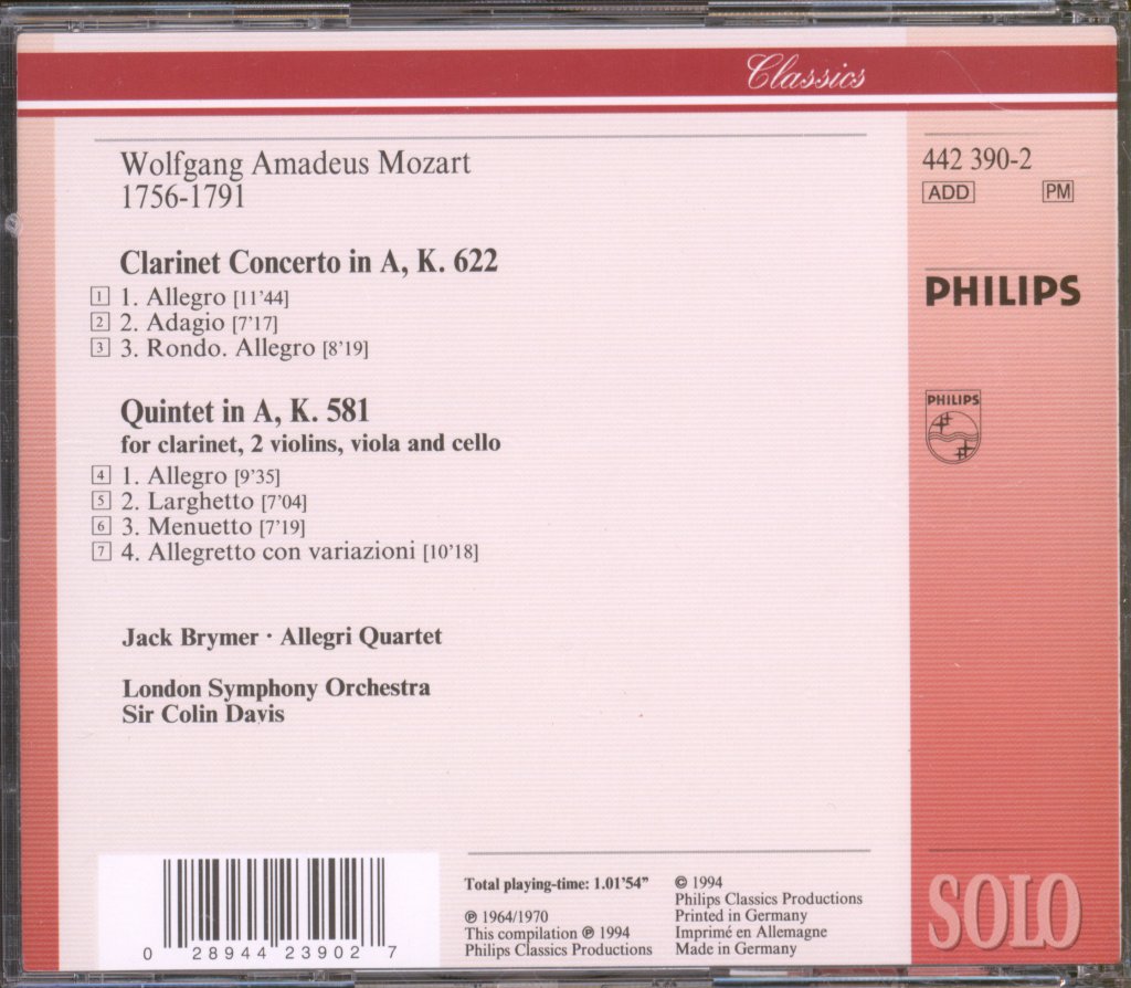 London Symphony Orchestra, Sir Colin Davis - Mozart - Clarinet Concerto / Clarinet Quintet - Cd