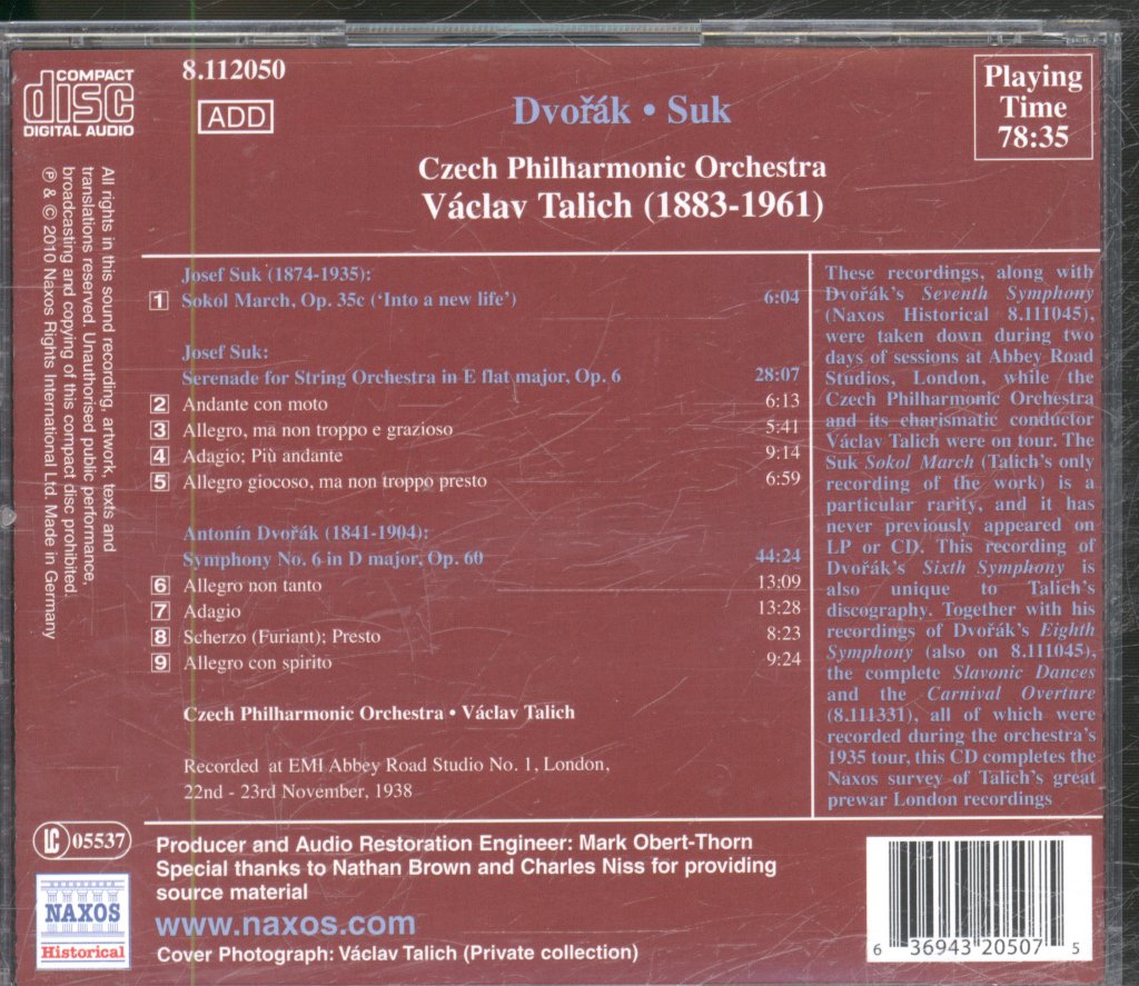 Czech Philharmonic Orchestra, Vaclav Talich - Dvorak - Symphony No 6 Suk - Serenade For Strings - Cd