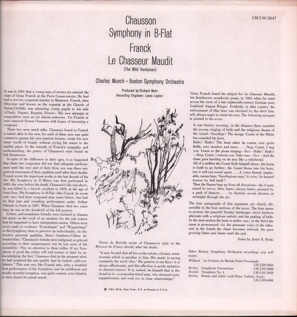 Charles Munch / Boston Symphony Orchestra - Chausson - Symphony In B Flat / Franck - Le Chasseur - Lp