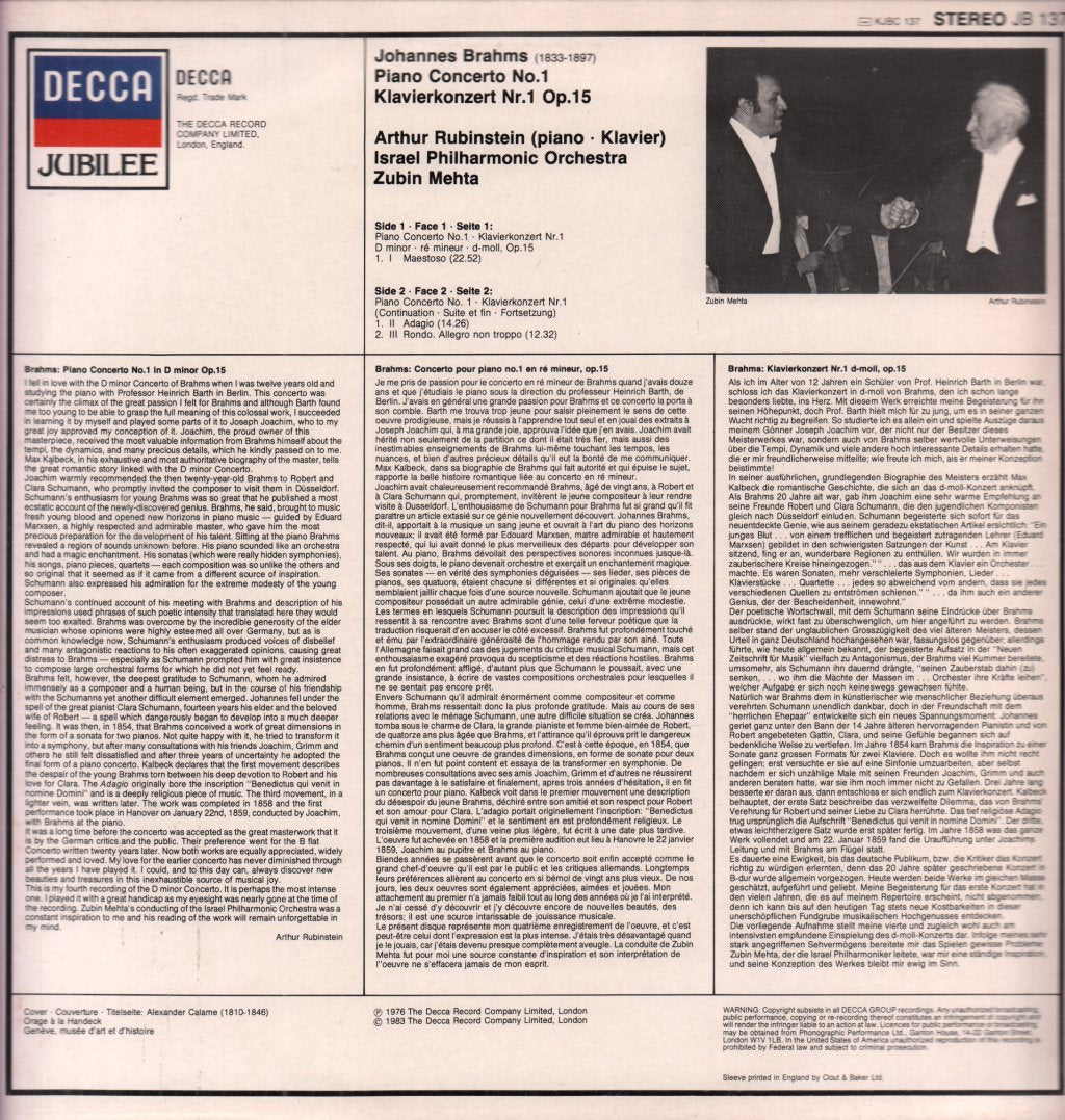 Arthur Rubinstein - brahms Piano Concerto No.1 / Klavierkonzert Nr. 1 - Lp