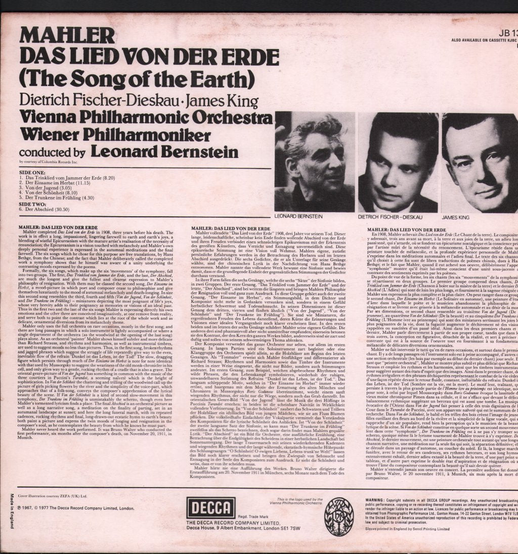 James King / Dietrich Fischer-Dieskau / Leonard Bernstein / Vienna / Wiener Philharmonic - Mahler - Das Lied Von Der Erde - Lp