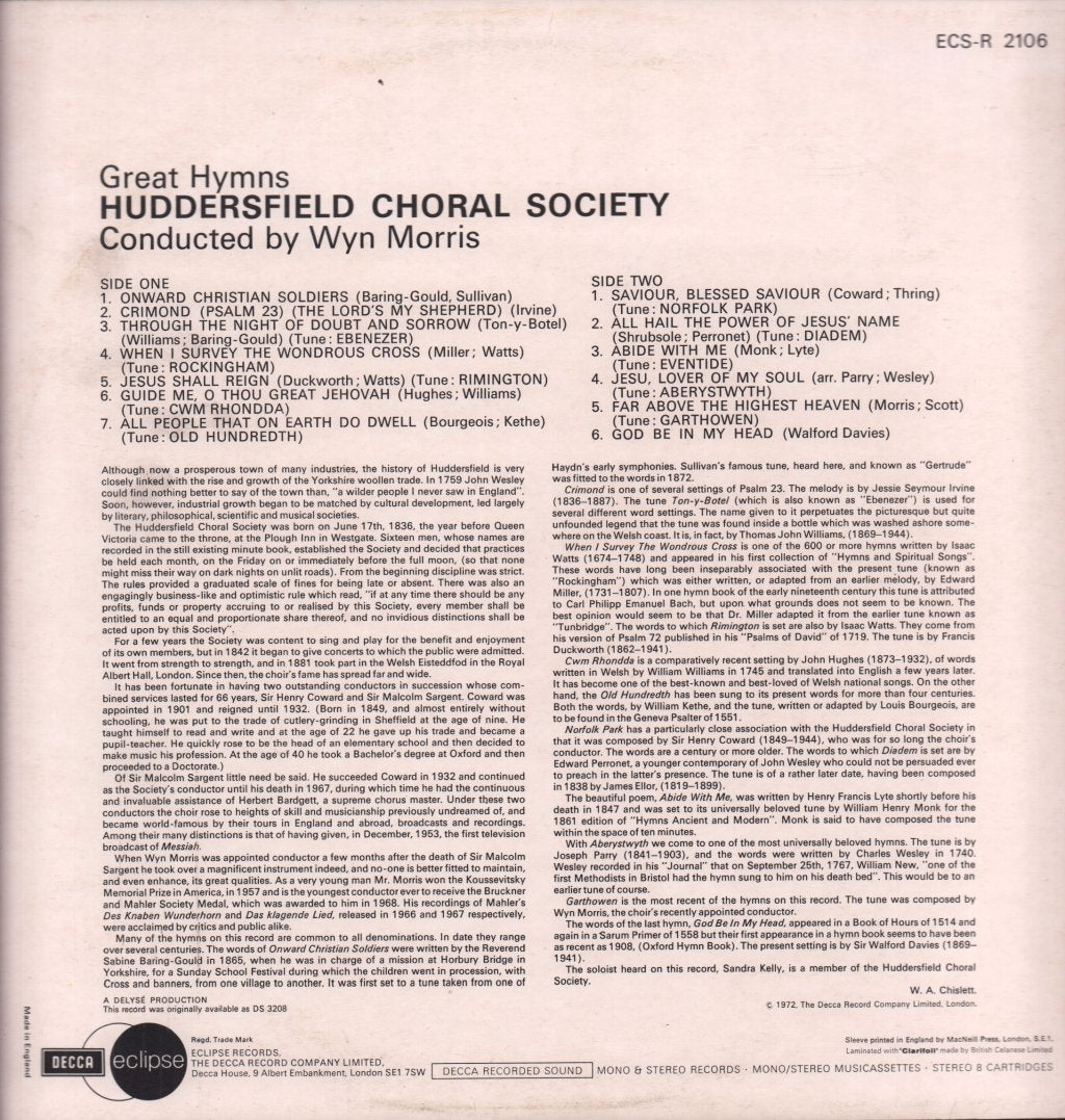 Huddersfield Choral Society - Great Hymns - Lp