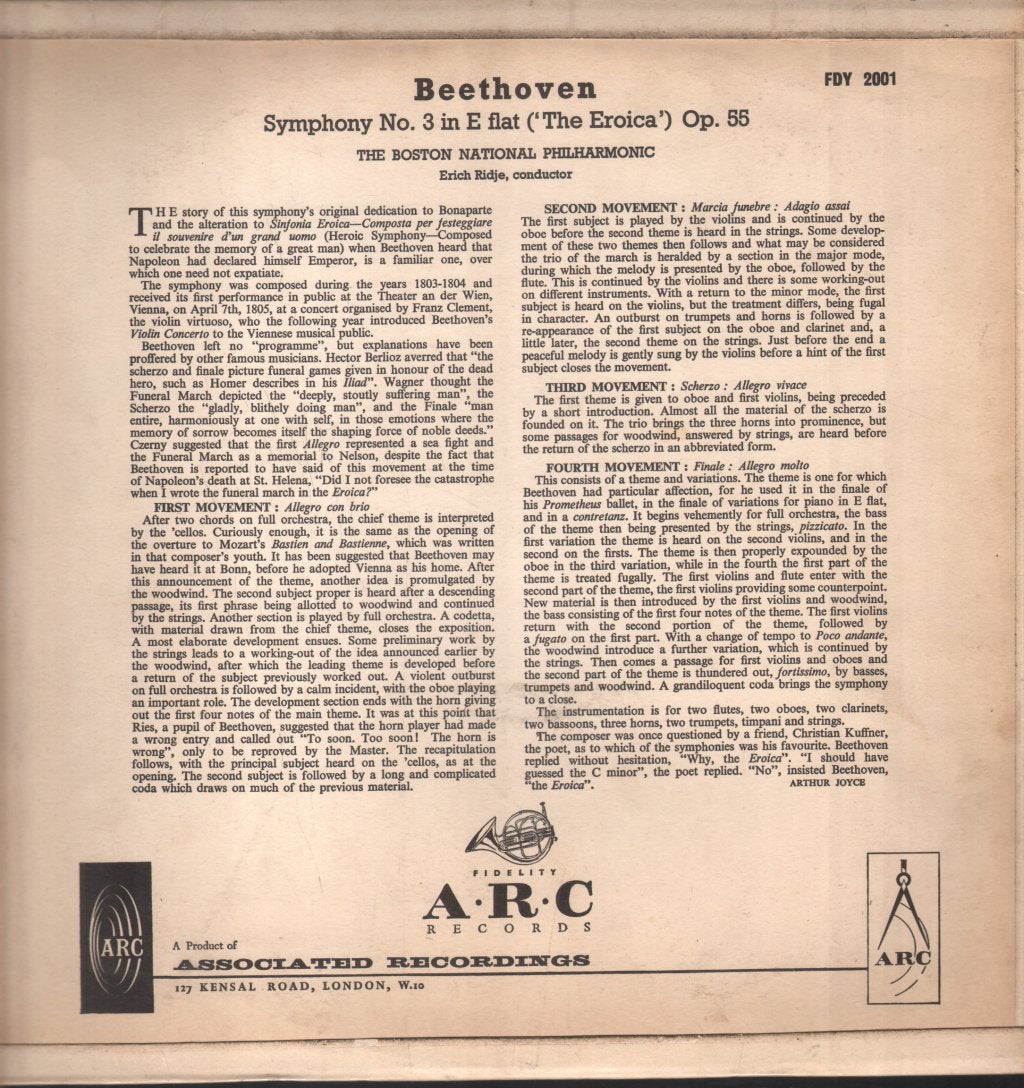 Boston National Philharmonic / Erich Ridje - Beethoven - Eroica Symphony No. 3 - Lp